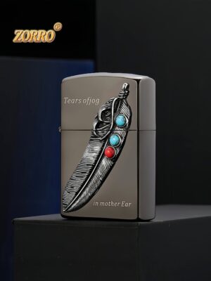 ZR8705A Бензиновая зажигалка Чёрный хром Бирюза и Перо