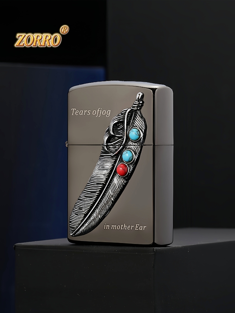 ZR8705A Бензиновая зажигалка Чёрный хром Бирюза и Перо